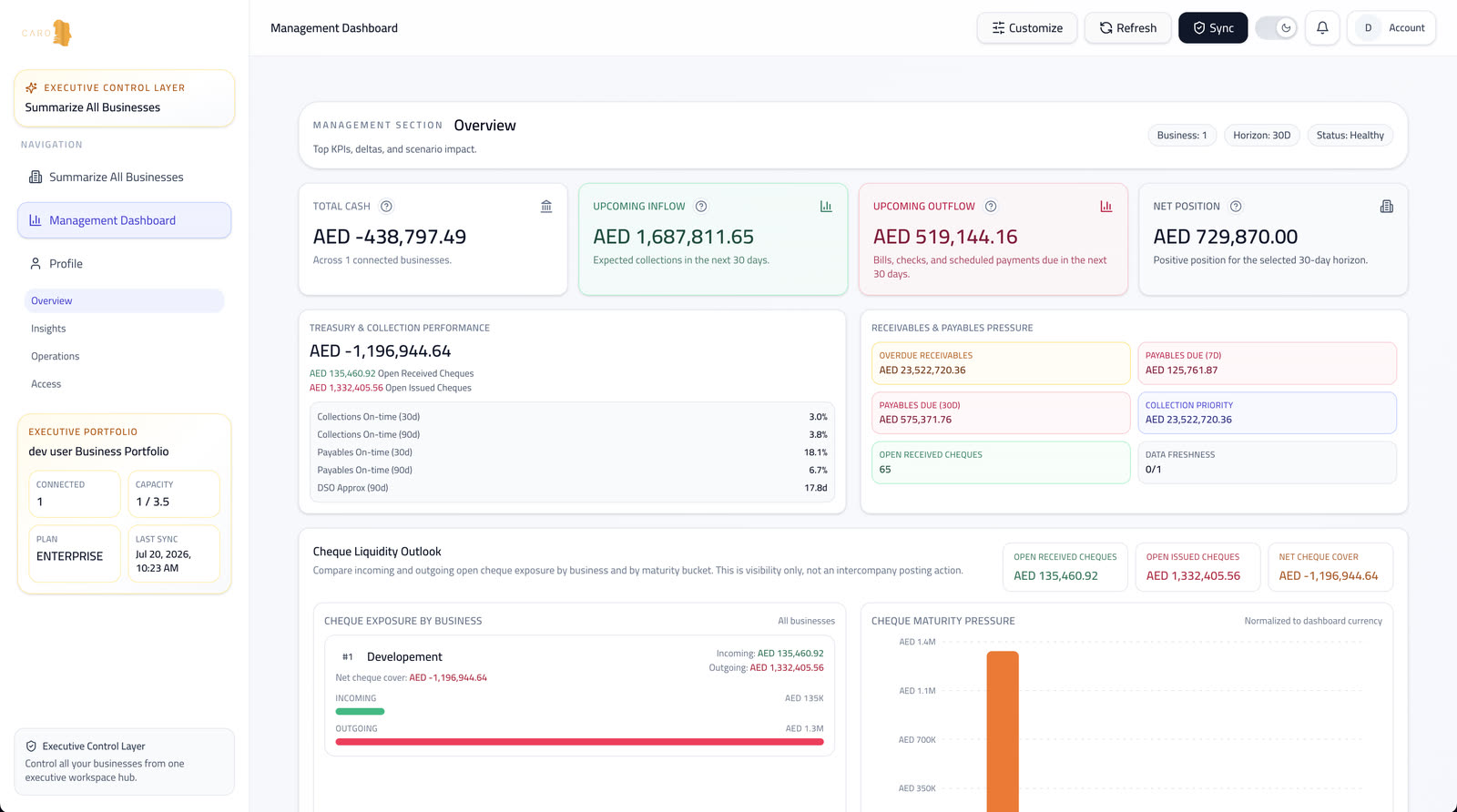 CaroVise Management Portfolio showing executive cash position, upcoming inflows and outflows, collection pressure, and cheque liquidity